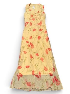 Vintage Byer Too! Sleeveless Yellow Floral Maxi Dress with Coral Print